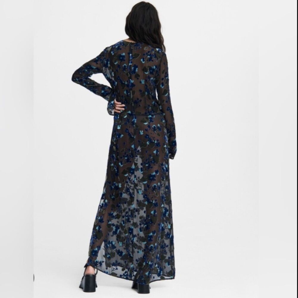 Rag & Bone Burnout Velvet Floral Sheer Dress Blue Black Side Slits Size L